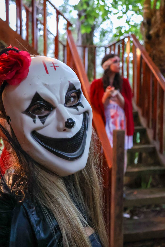 Two people in costumes on a wooden staircase in a forest setting, featuring a clown mask.